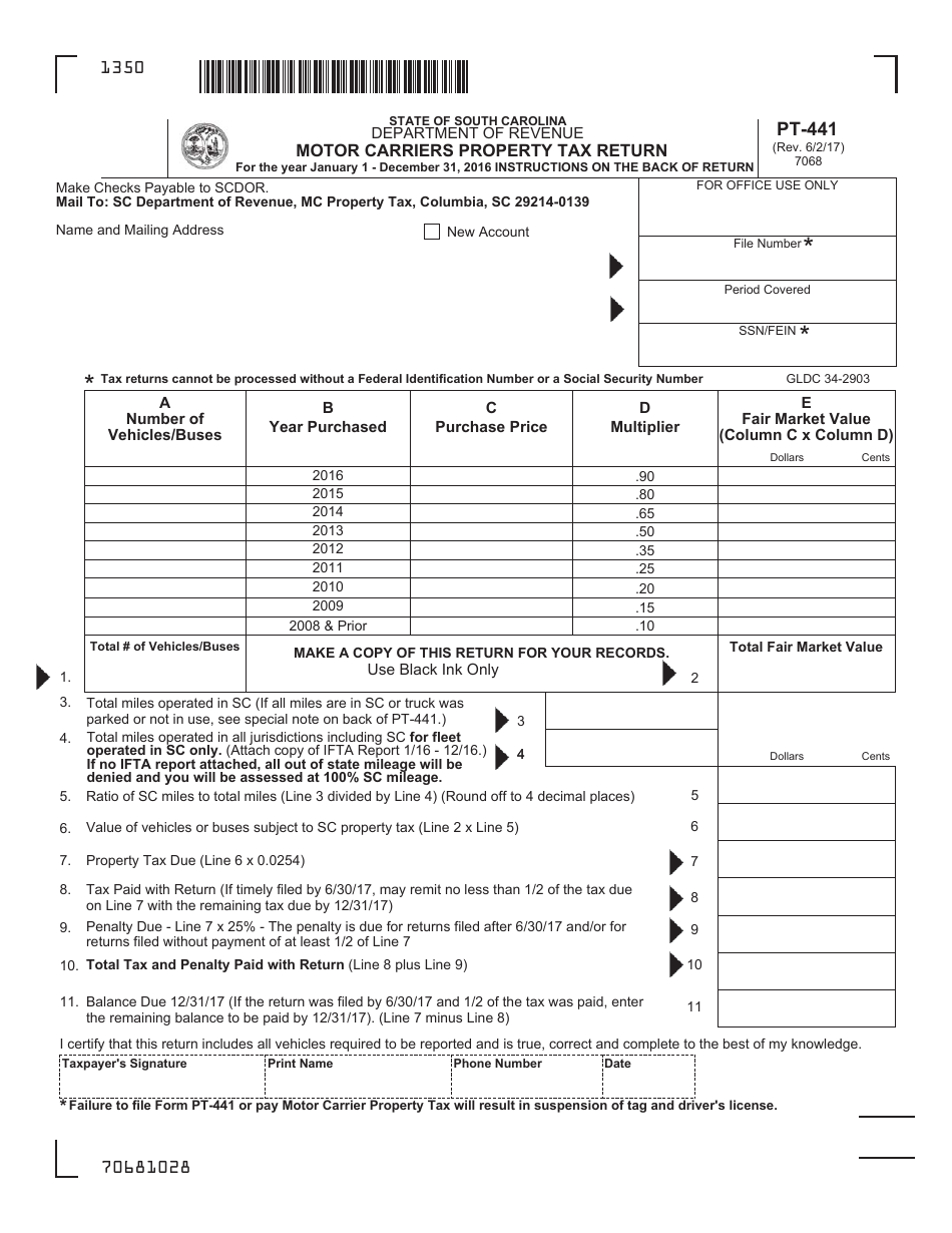 Form PT-441 Motor Carriers Property Tax Return - South Carolina, Page 1
