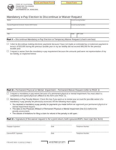 Form FTB4107 Mandatory E-Pay Election to Discontinue or Waiver Request - California