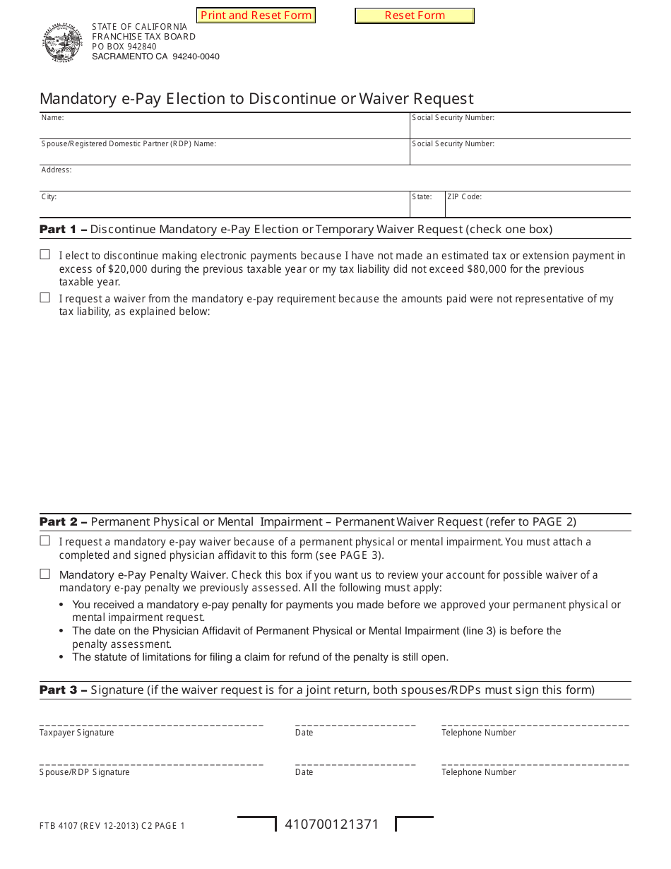 Form FTB4107 Mandatory E-Pay Election to Discontinue or Waiver Request - California, Page 1