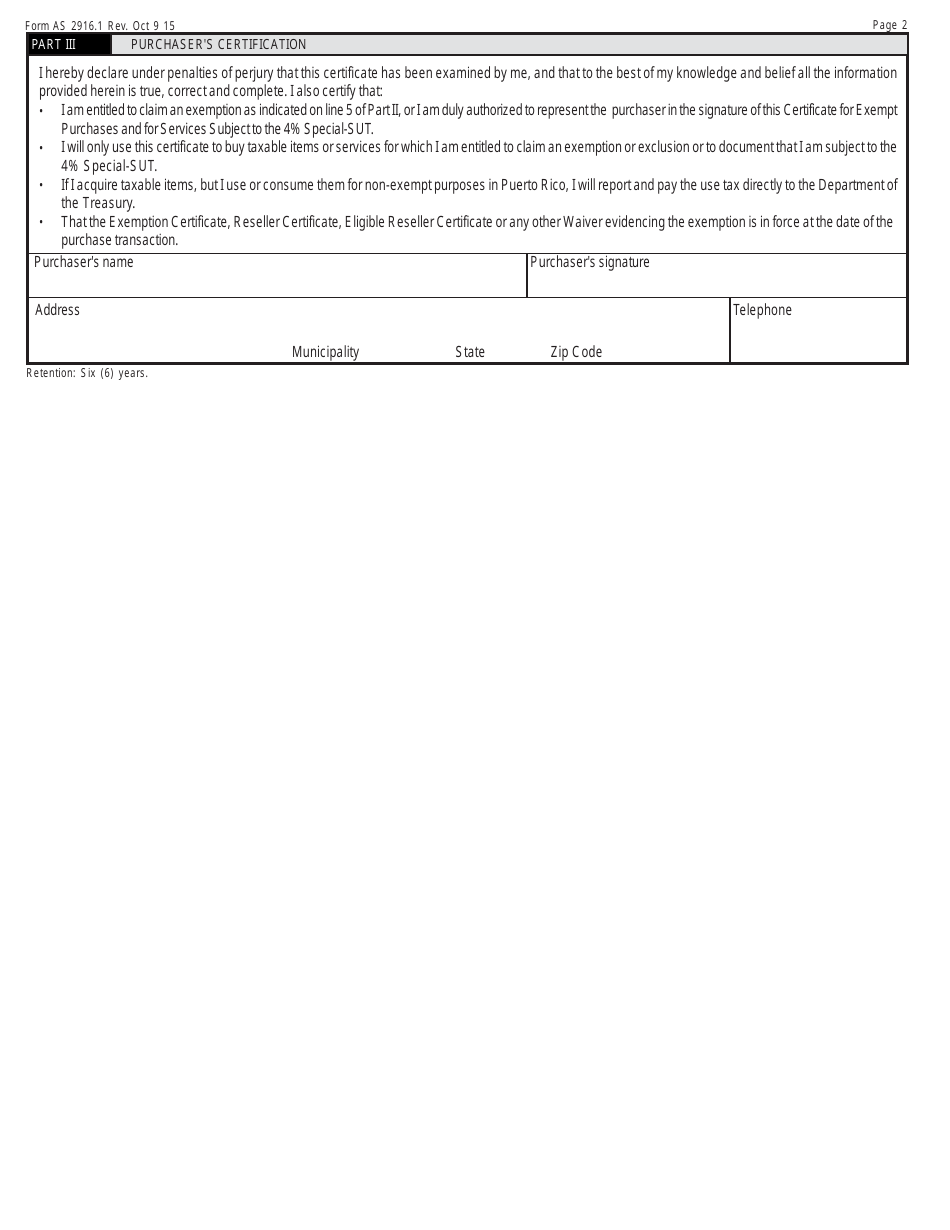 Form AS2916.1 Certificate for Exempt Purchases and for Services Subject to the 4% Special-Sut - Puerto Rico, Page 2