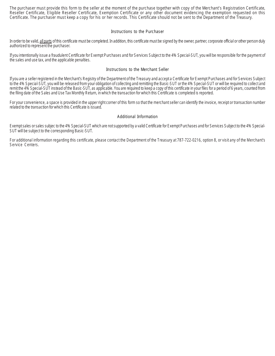 Form AS2916.1 Certificate for Exempt Purchases and for Services Subject to the 4% Special-Sut - Puerto Rico, Page 4
