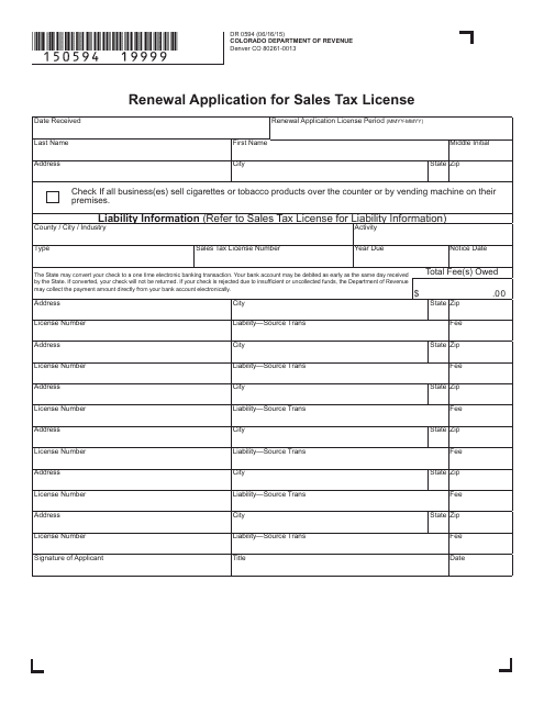 Form 0594 Renewal Application for Sales Tax License - Colorado