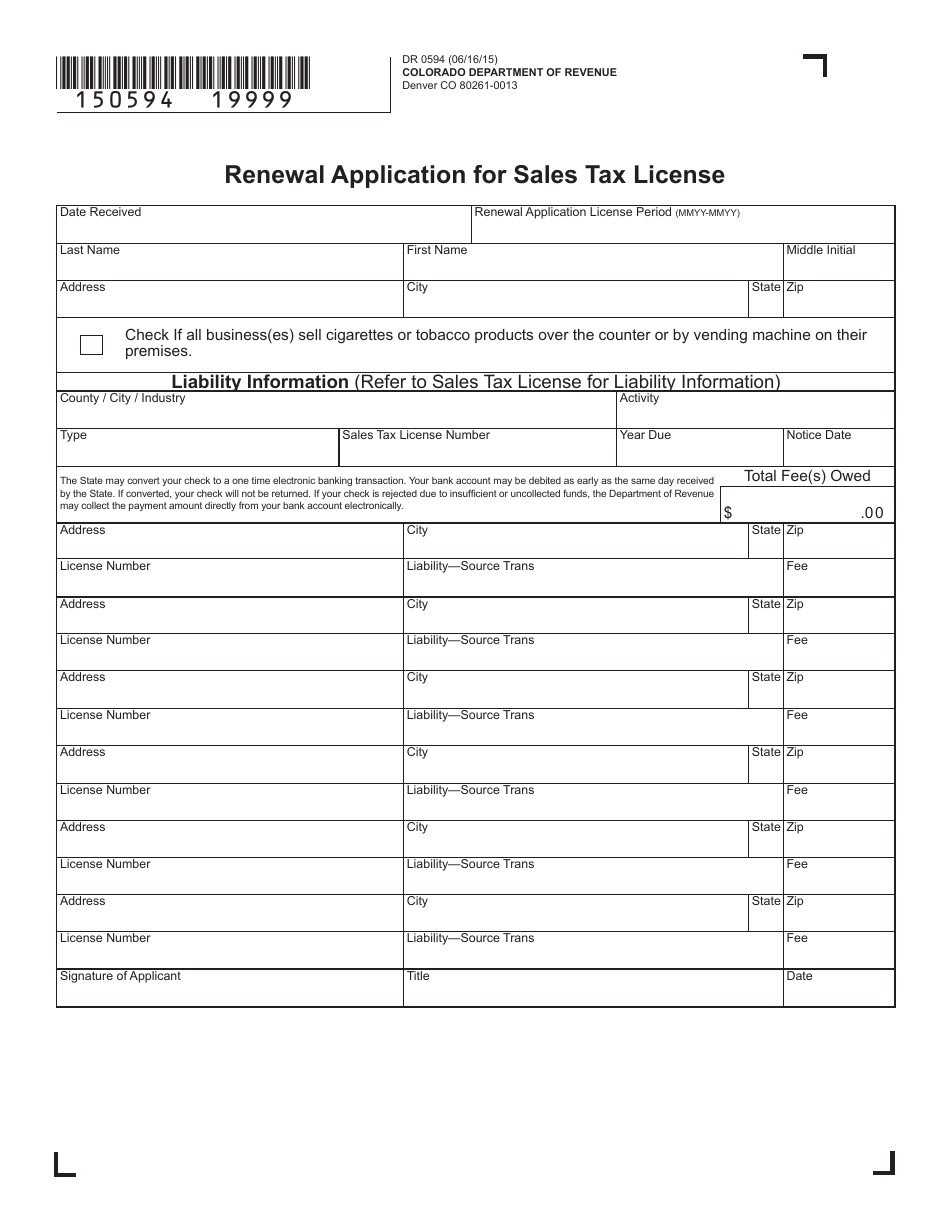 form 0594 renewal application sales tax license colorado print big