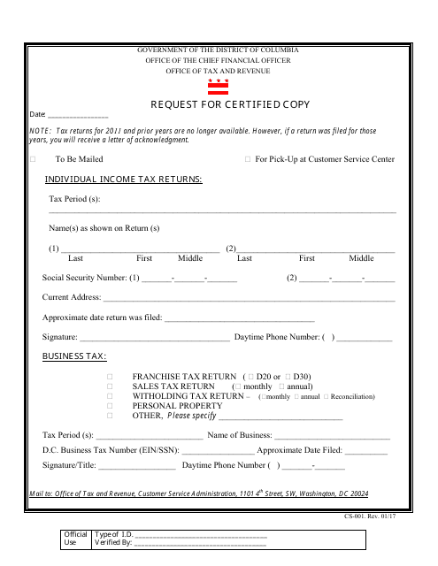Form CS-001 Request for Certified Copy - Washington, D.C.