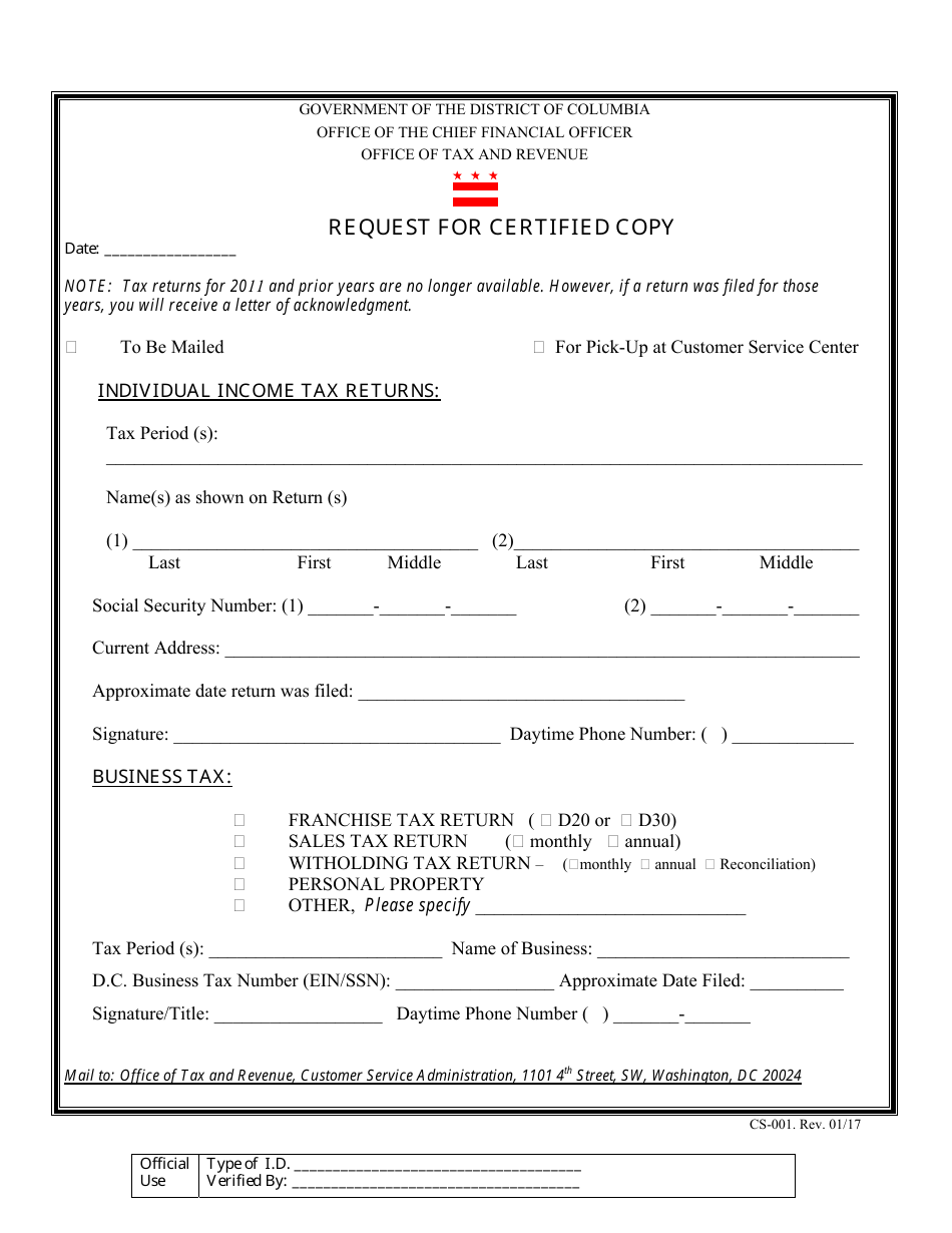 Form CS-001 Request for Certified Copy - Washington, D.C., Page 1