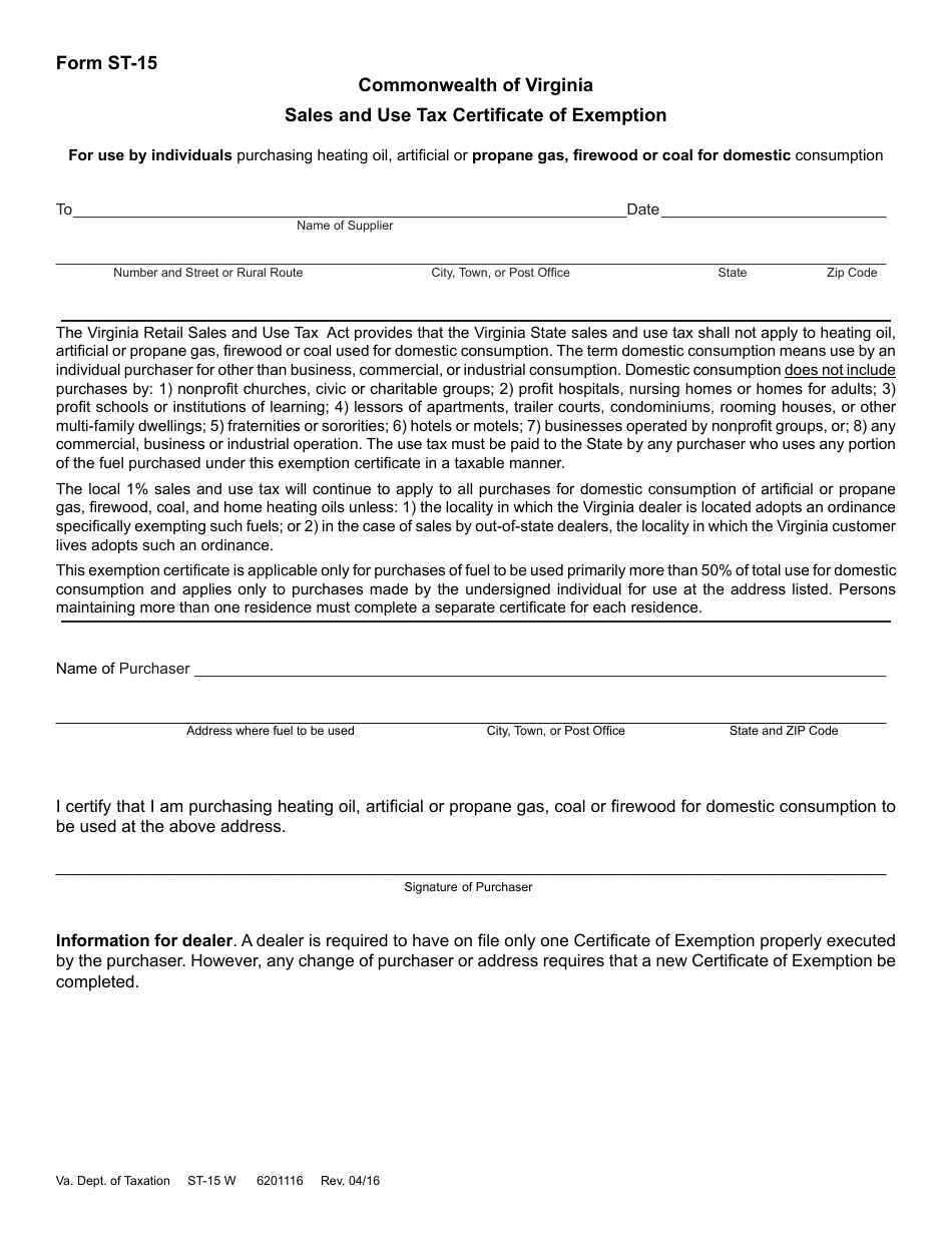 Form ST-15 Sales and Use Tax Certificate of Exemption - Virginia, Page 1