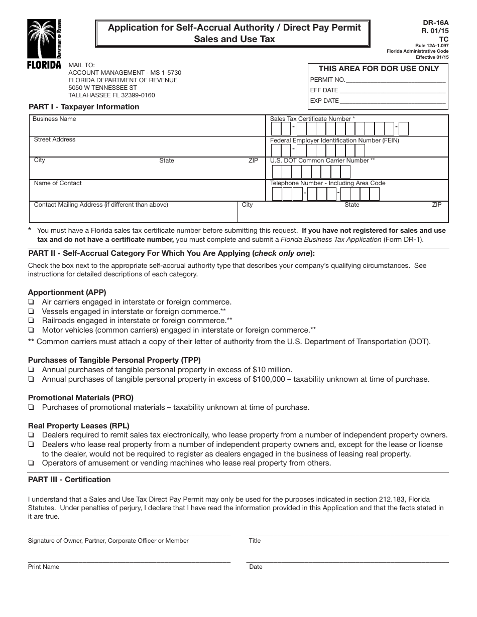 Form DR-16A Application for Self-accrual Authority / Direct Pay Permit Sales and Use Tax - Florida, Page 1