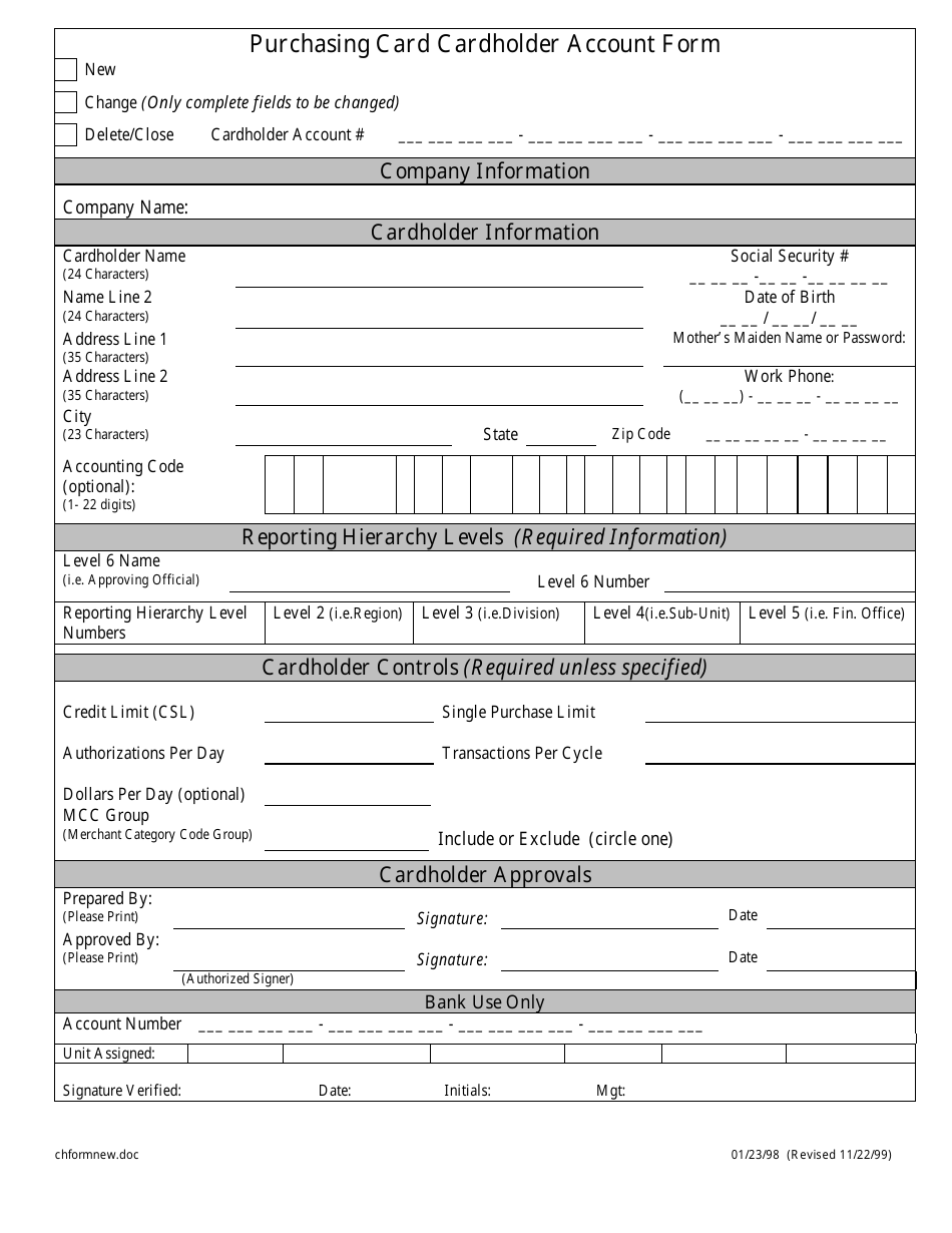 Purchasing Card Cardholder Account Form, Page 1