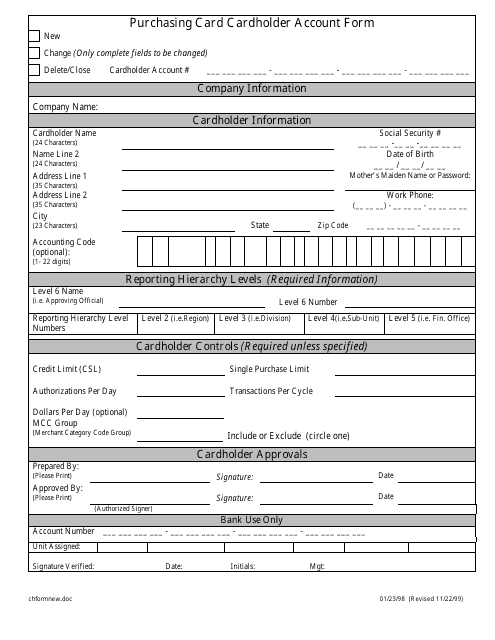 Purchasing Card Cardholder Account Form Download Pdf
