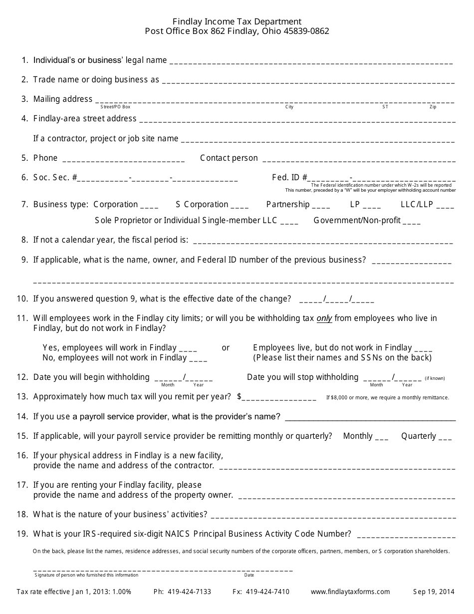 Business Questionnaire Form - City of Findlay, Ohio, Page 1