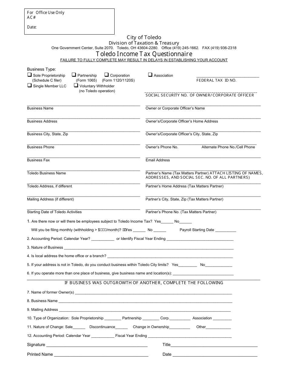 Toledo Income Tax Questionnaire Form - City of Toledo, Ohio, Page 1