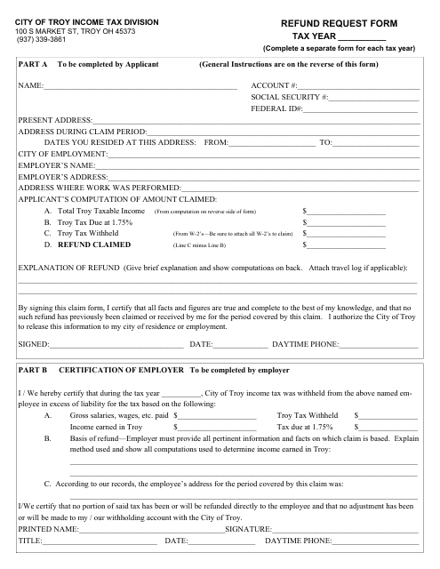 "Refund Request Form" - City of Troy, Ohio Download Pdf