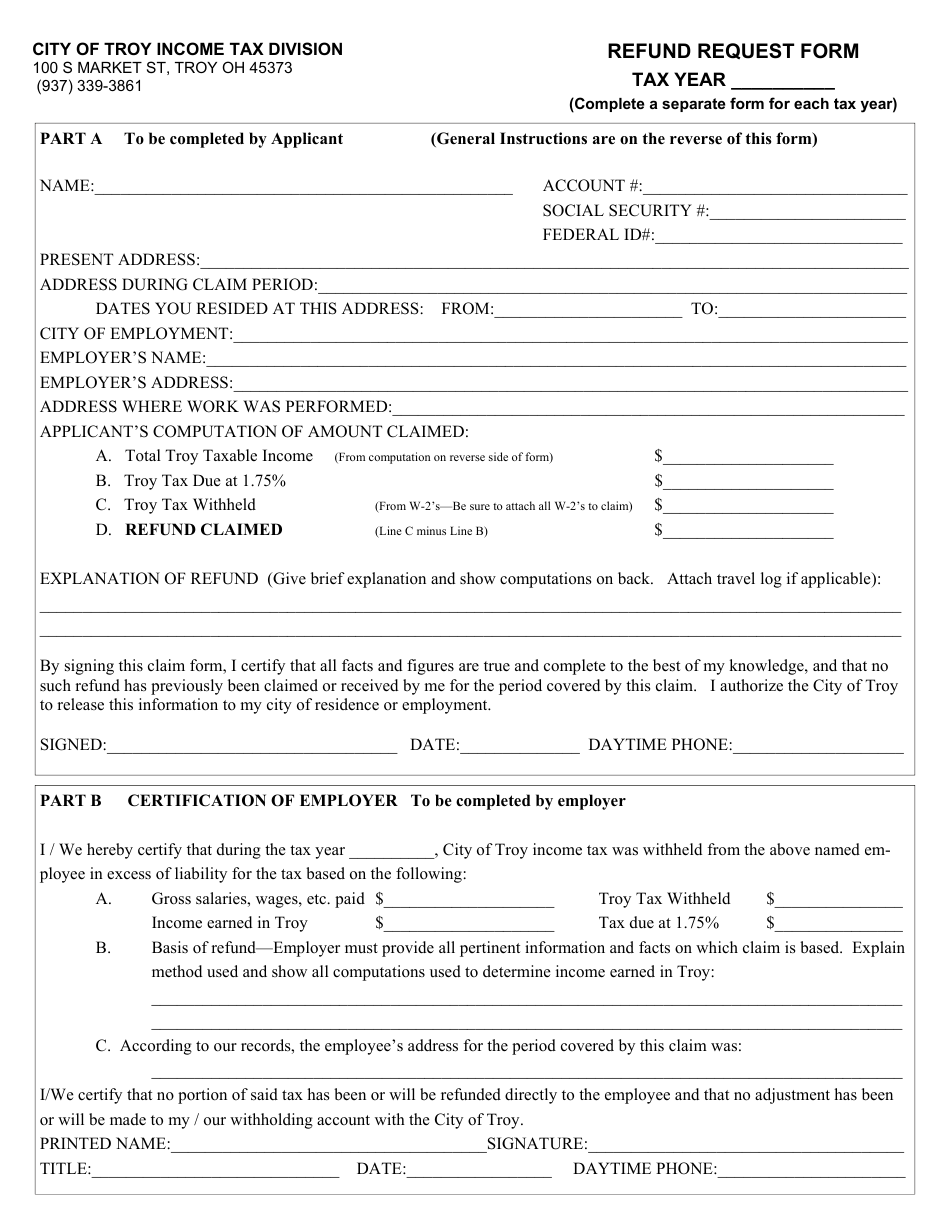 City of Troy, Ohio Refund Request Form Fill Out, Sign Online and