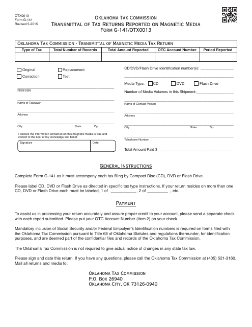 OTC Form G-141 Transmittal of Tax Returns Reported on Magnetic Media - Oklahoma
