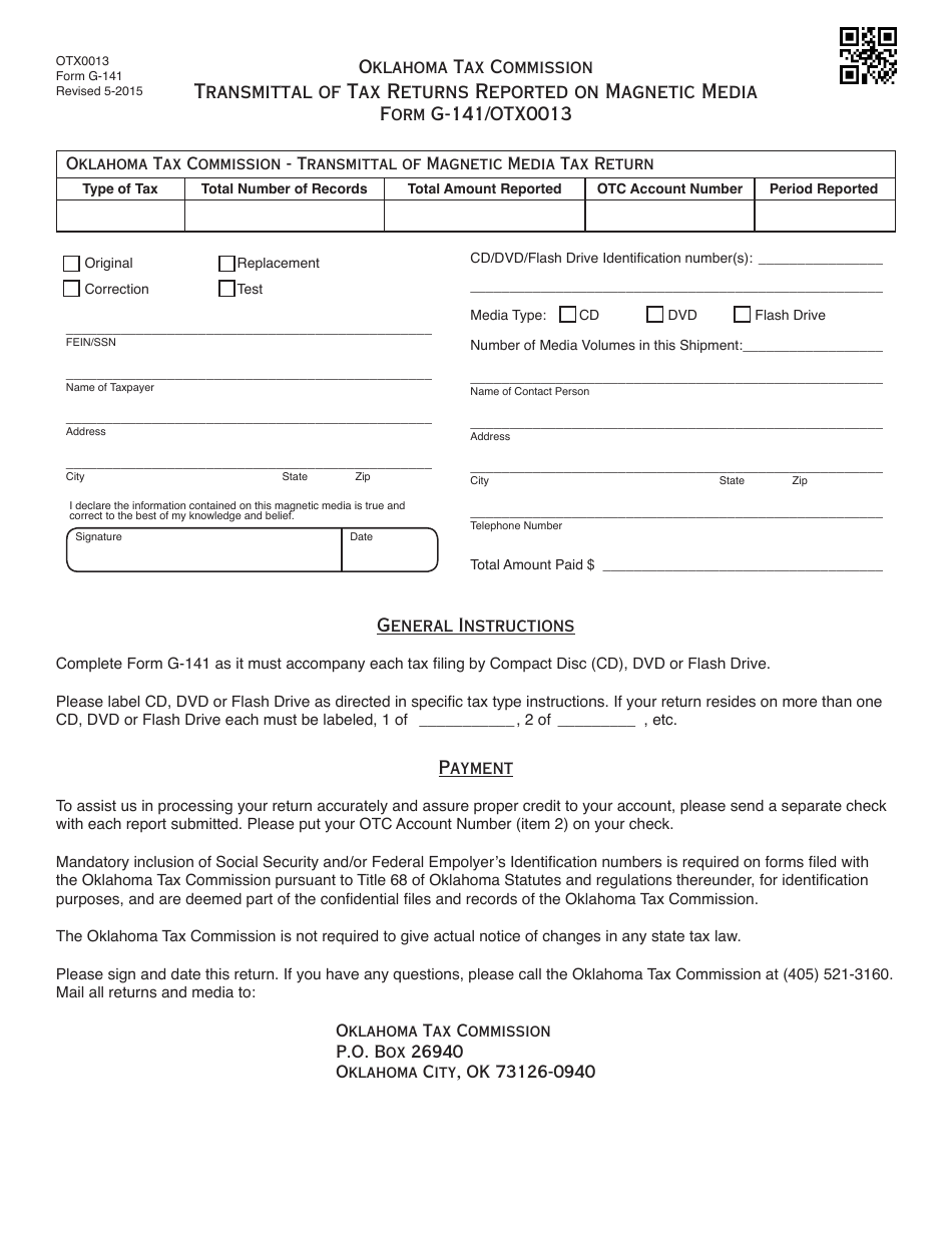 OTC Form G-141 Transmittal of Tax Returns Reported on Magnetic Media - Oklahoma, Page 1