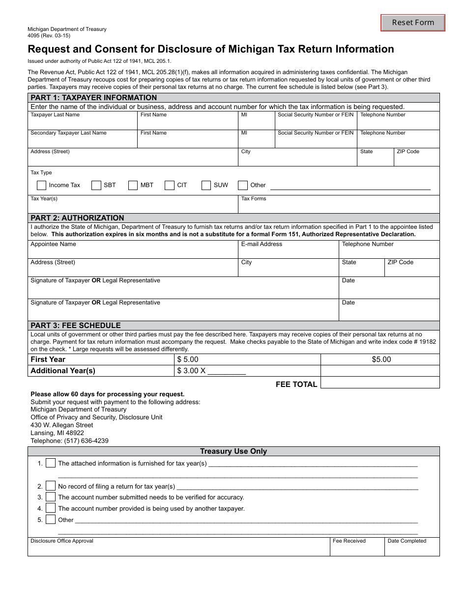 Form 4095 Request and Consent for Disclosure of Michigan Tax Return Information - Michigan, Page 1