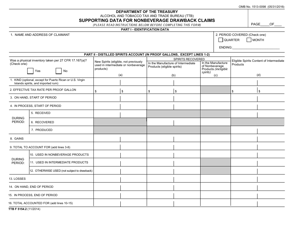 TTB Form 5154.2 Supporting Data for Nonbeverage Drawback Claims, Page 1