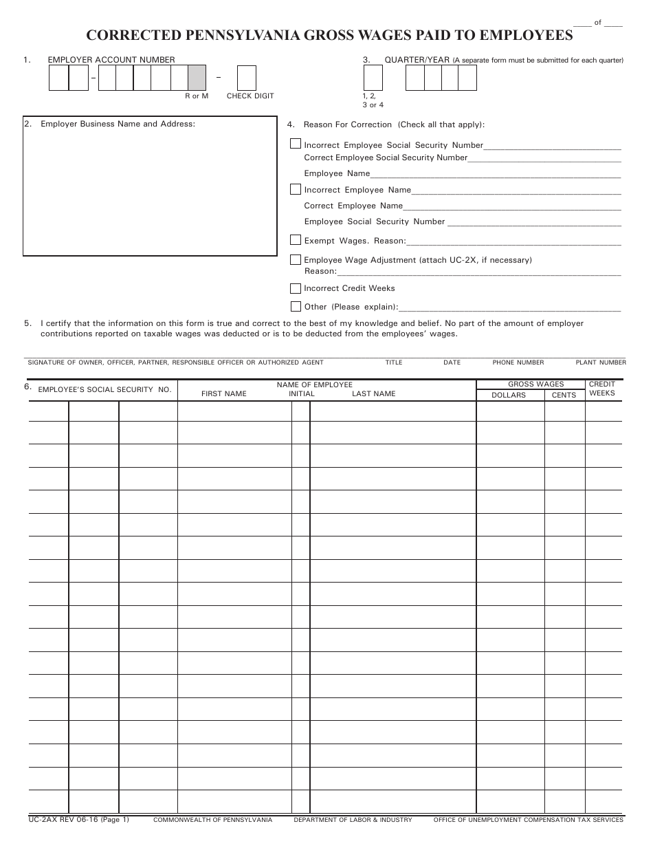 Form UC-2ax Corrected Pennsylvania Gross Wages Paid to Employees - Pennsylvania, Page 1