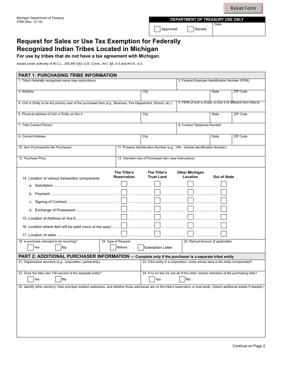 Form 4766 Request for Sales or Use Tax Exemption for Federally Recognized Indian Tribes Located in Michigan - Michigan, Page 1