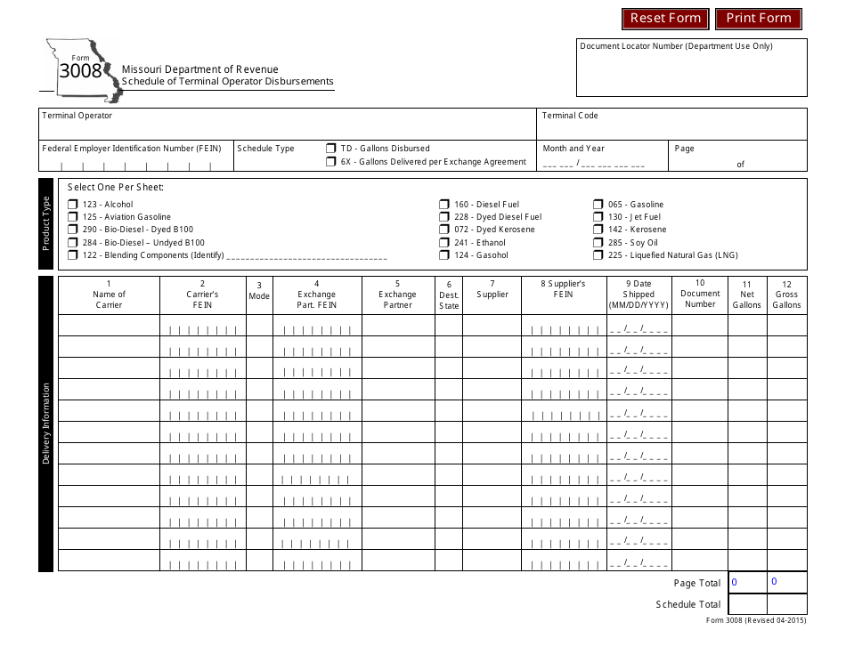 Form 3008 Schedule of Terminal Operator Disbursements - Missouri, Page 1