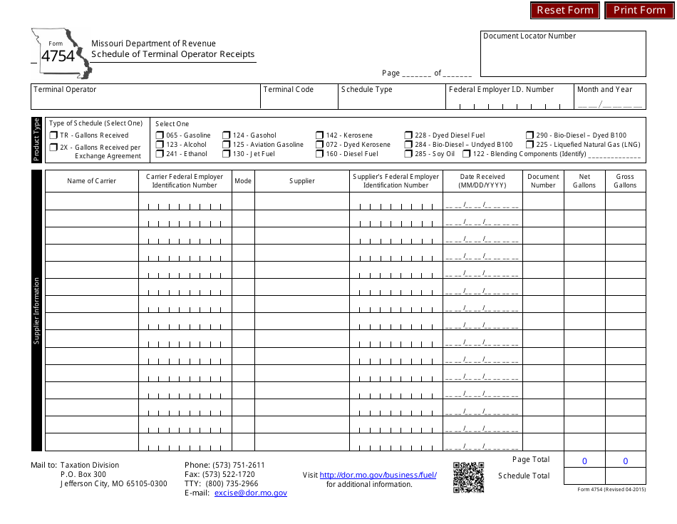 Form 4754 Schedule of Terminal Operator Receipts - Missouri, Page 1