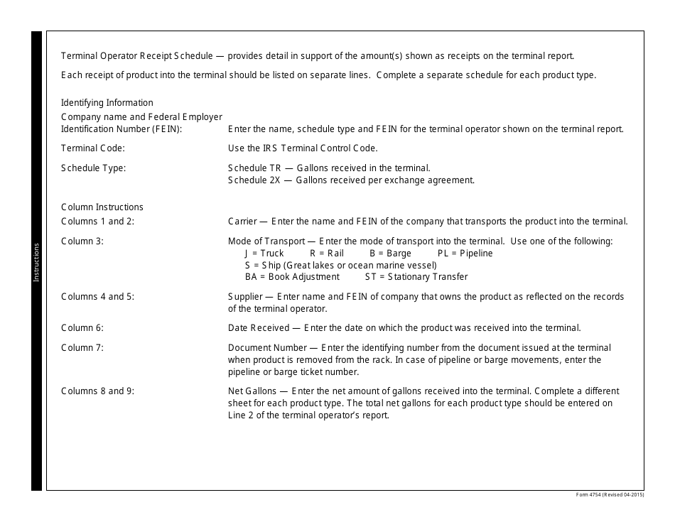 Form 4754 Schedule of Terminal Operator Receipts - Missouri, Page 2