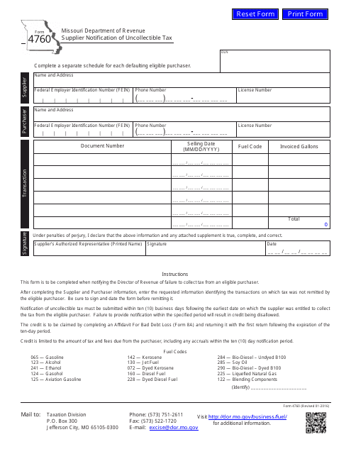 Form 4760 Supplier Notification of Uncollectible Tax - Missouri