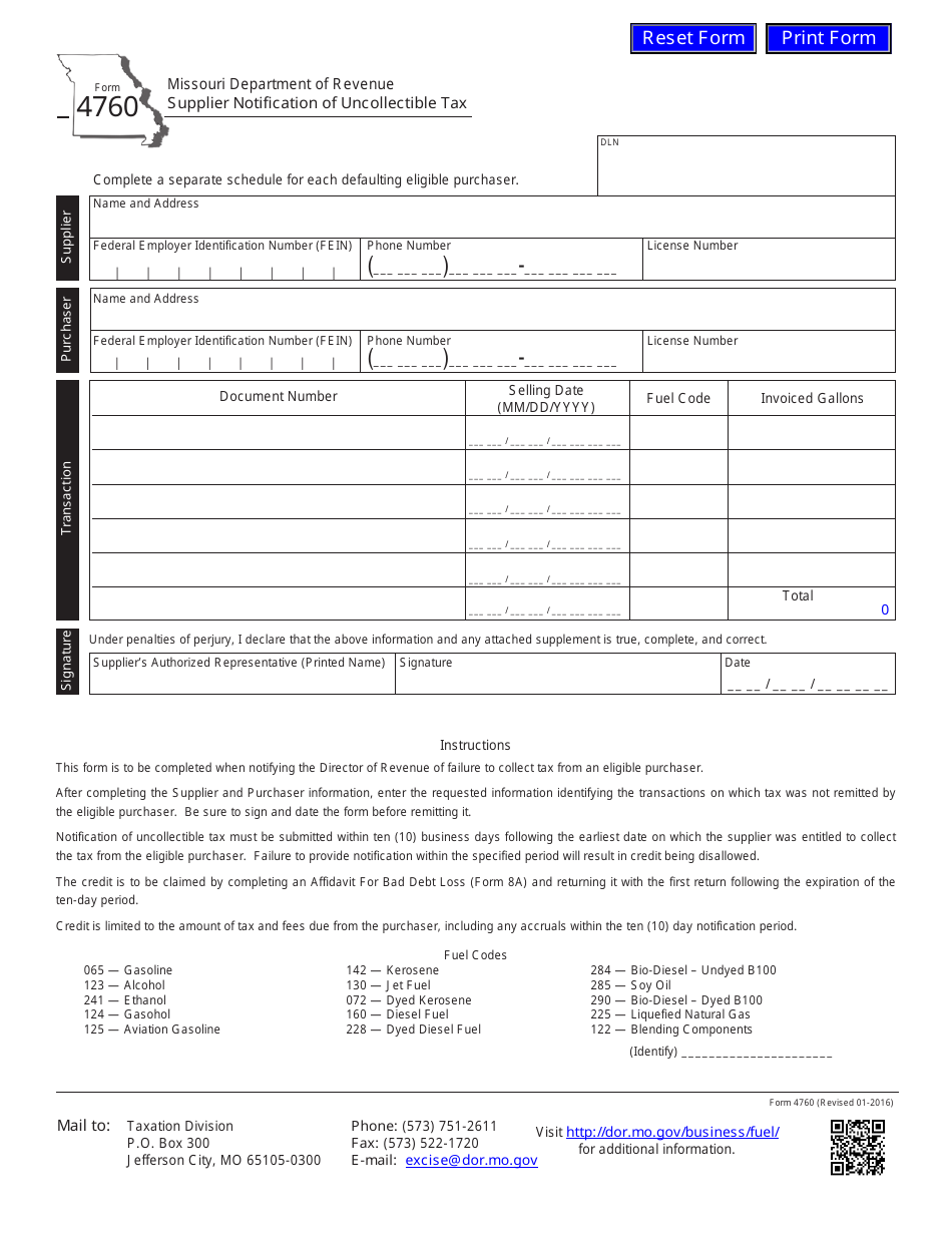 Form 4760 Supplier Notification of Uncollectible Tax - Missouri, Page 1