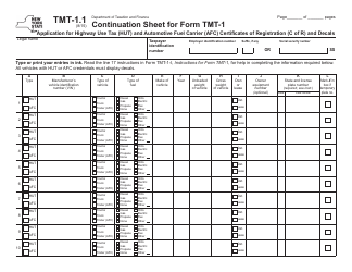 Form TMT-1.1 Continuation Sheet for Form Tmt-1 - Application for Highway Use Tax (Hut) and Automotive Fuel Carrier (Afc) Certificates of Registration (C of R) and Decals - New York