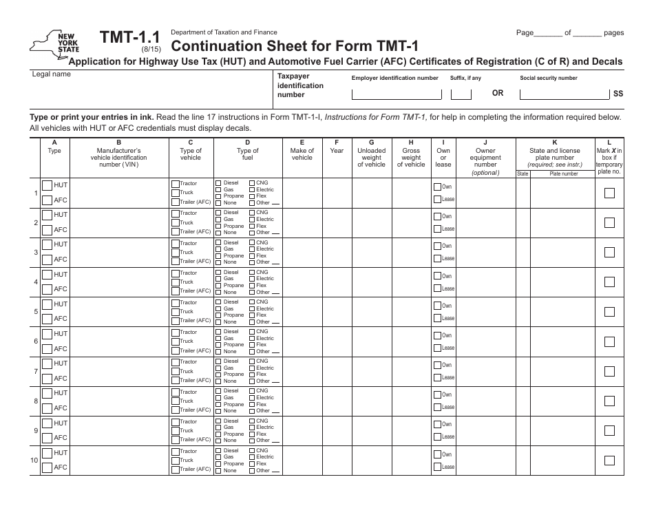 Form TMT-1.1 Continuation Sheet for Form Tmt-1 - Application for Highway Use Tax (Hut) and Automotive Fuel Carrier (Afc) Certificates of Registration (C of R) and Decals - New York, Page 1