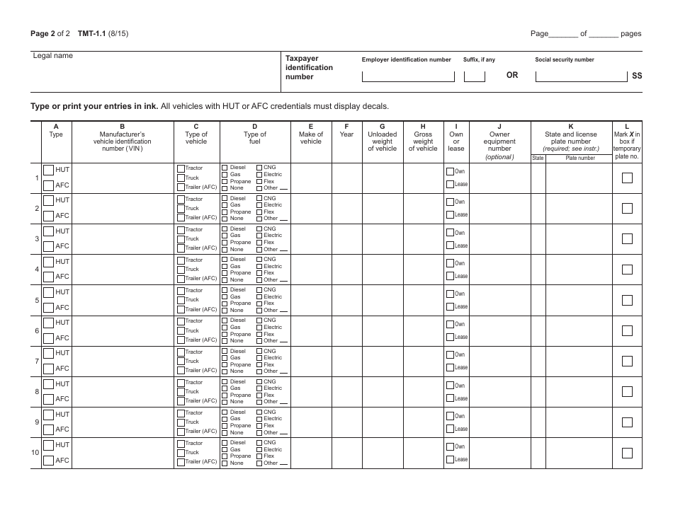 Form TMT-1.1 Continuation Sheet for Form Tmt-1 - Application for Highway Use Tax (Hut) and Automotive Fuel Carrier (Afc) Certificates of Registration (C of R) and Decals - New York, Page 2
