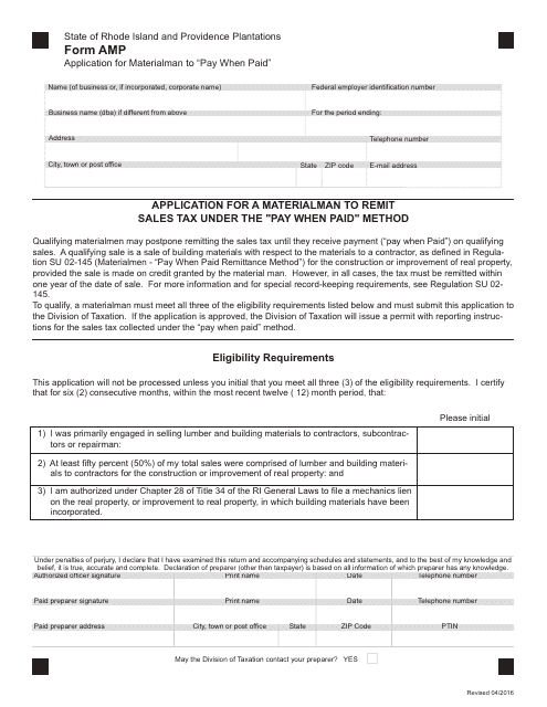Form AMP Application for a Materialman to Remit Sales Tax Under the "pay When Paid" Method - Rhode Island
