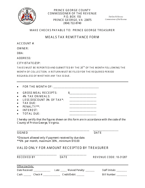 Meals Tax Remittance Form - Prince George County, Virginia Download Pdf