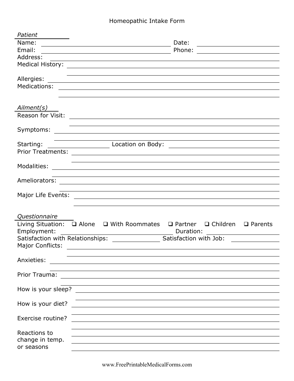Homeopathic Intake Form, Page 1