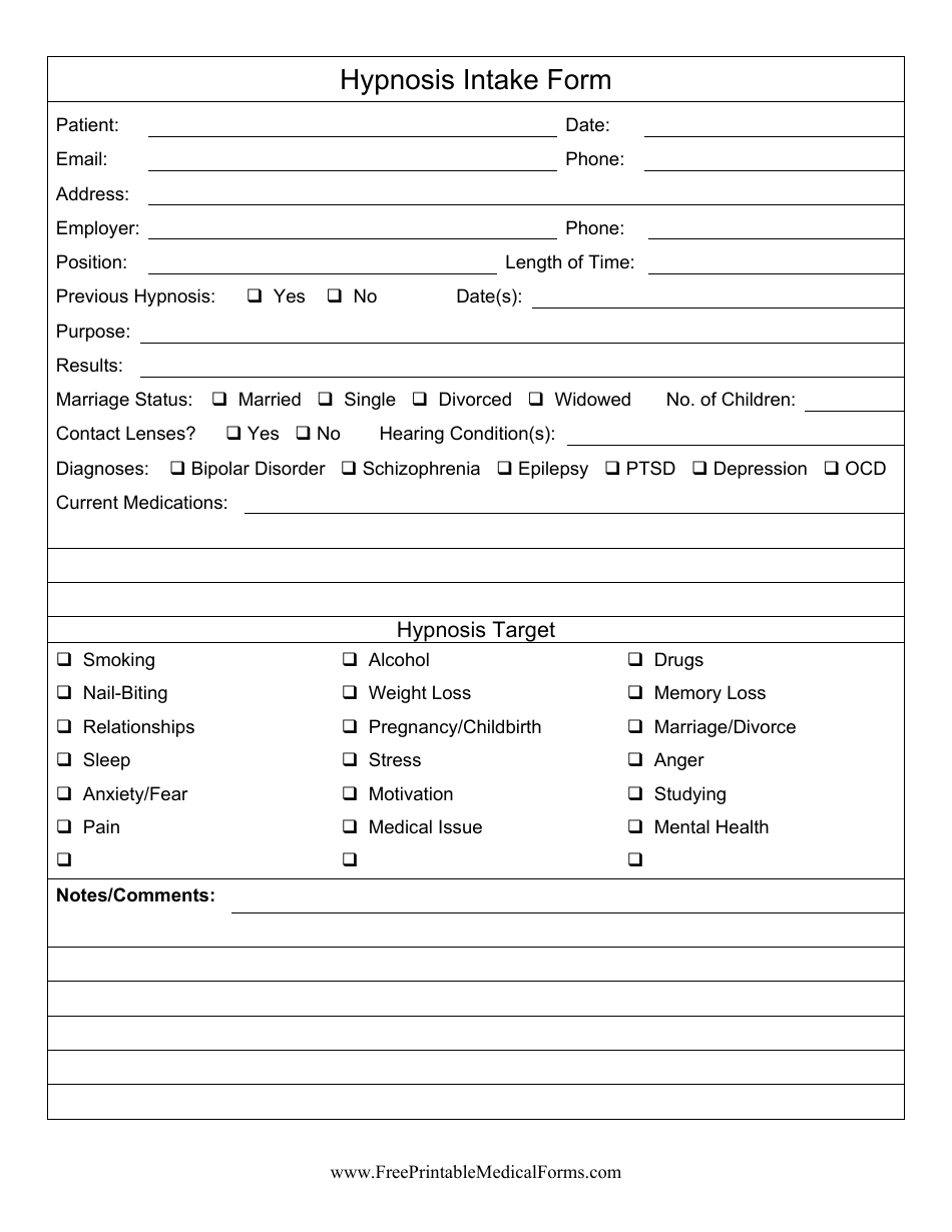 Hypnosis Intake Form, Page 1