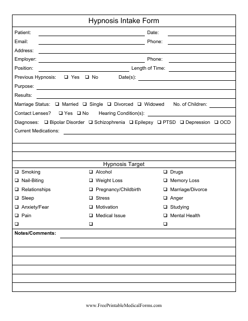 Hypnosis Intake Form Download Printable PDF | Templateroller