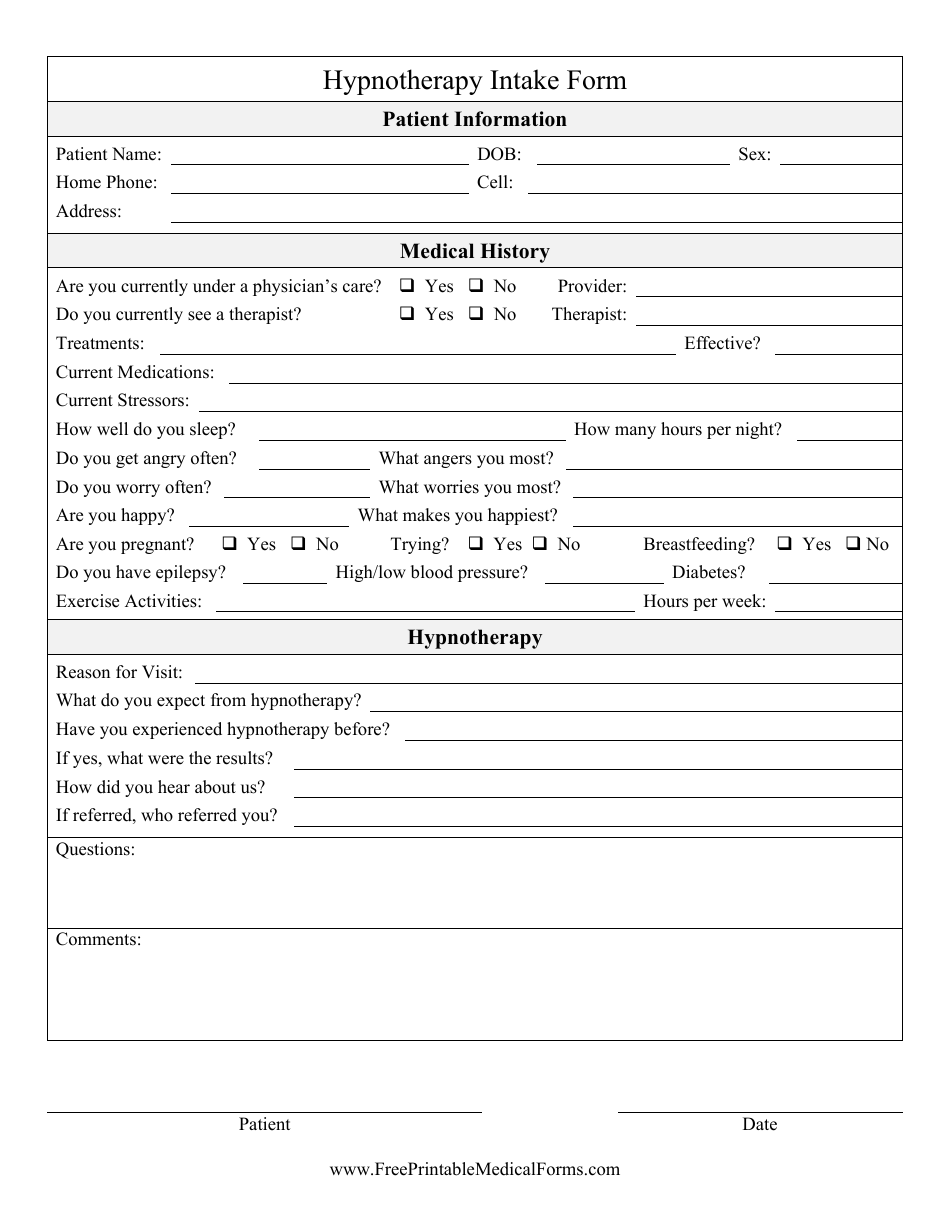 Hypnotherapy Intake Form, Page 1