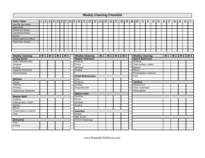 &quot;Weekly Cleaning Checklist Template&quot; Download Pdf