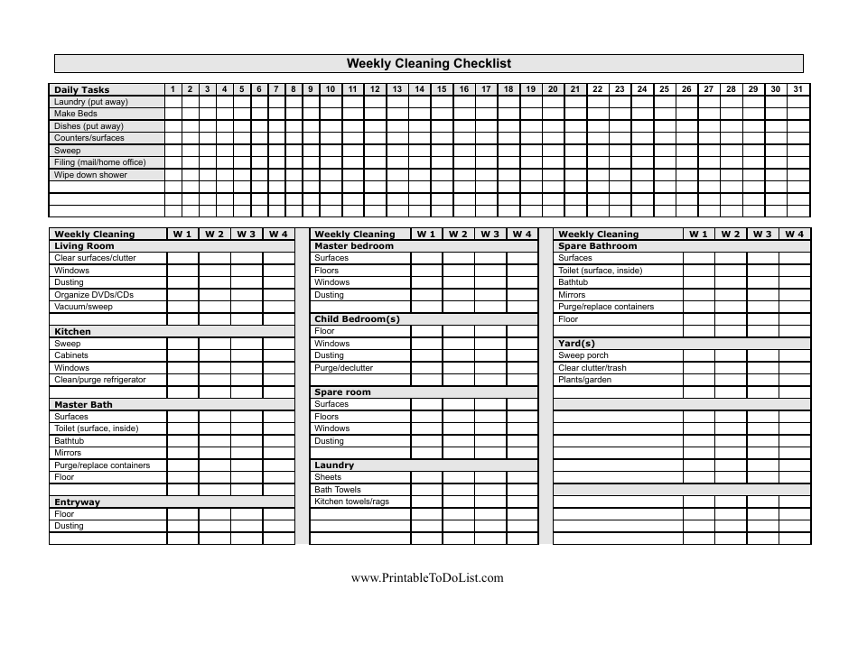 Weekly Cleaning Checklist Template Download Printable PDF | Templateroller