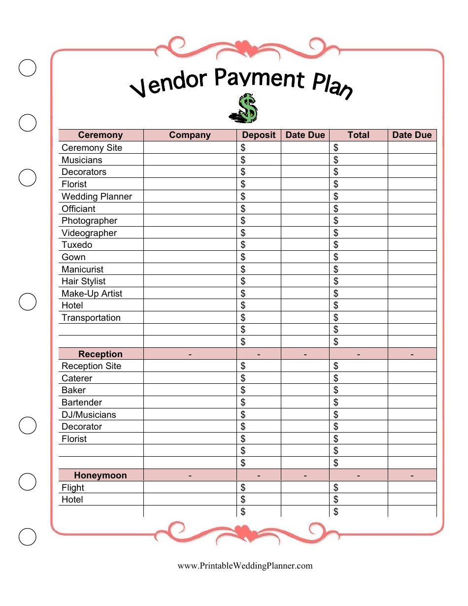 Wedding Vendor Payment Plan Template - A comprehensive template for managing payment plans with your wedding vendors.
