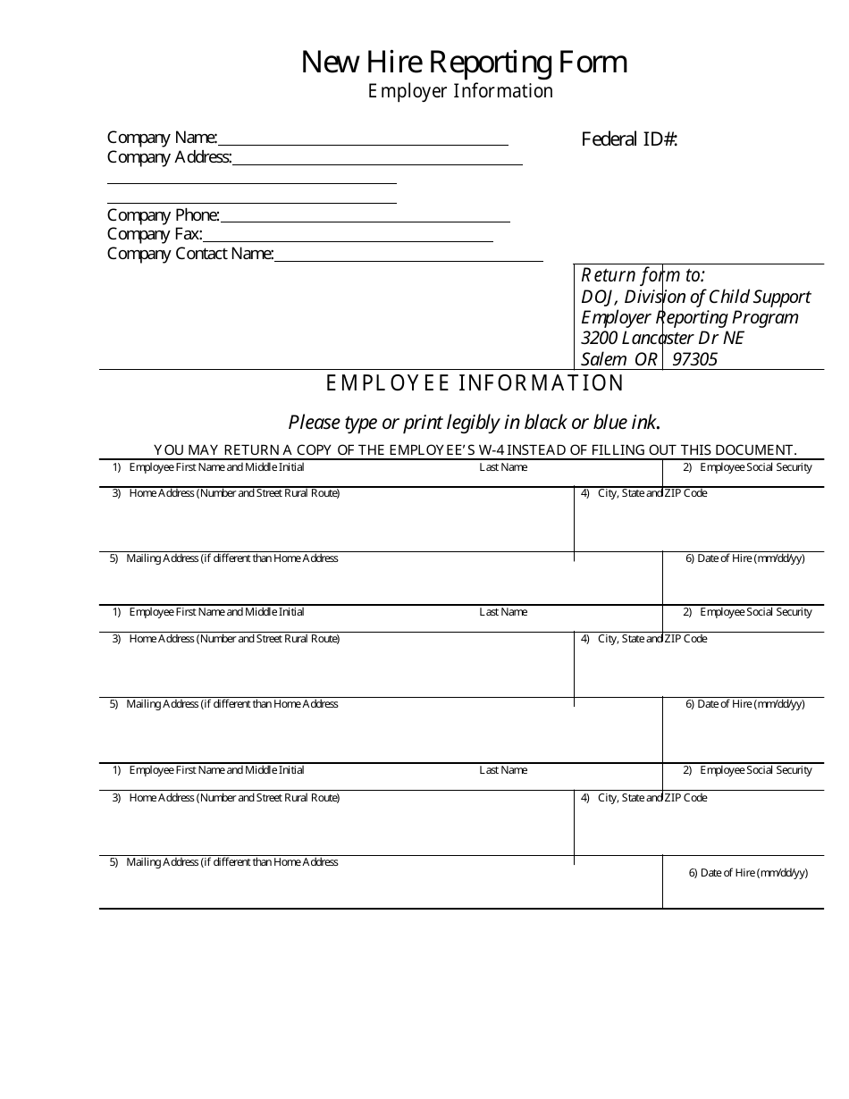 New Hire Reporting Form - Oregon, Page 1