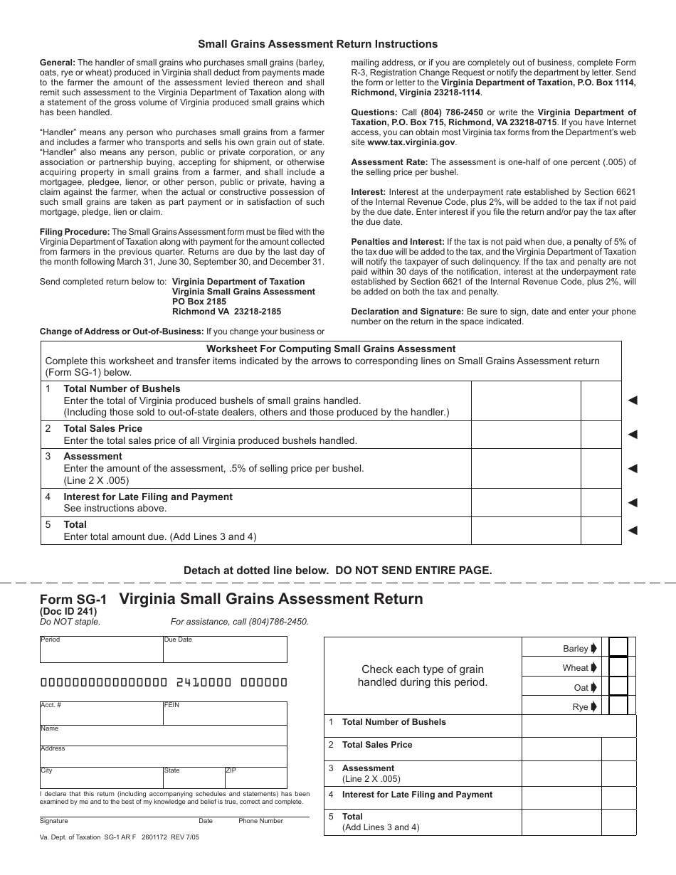 Form SG-1 Virginia Small Grains Assessment Return - Virginia, Page 1