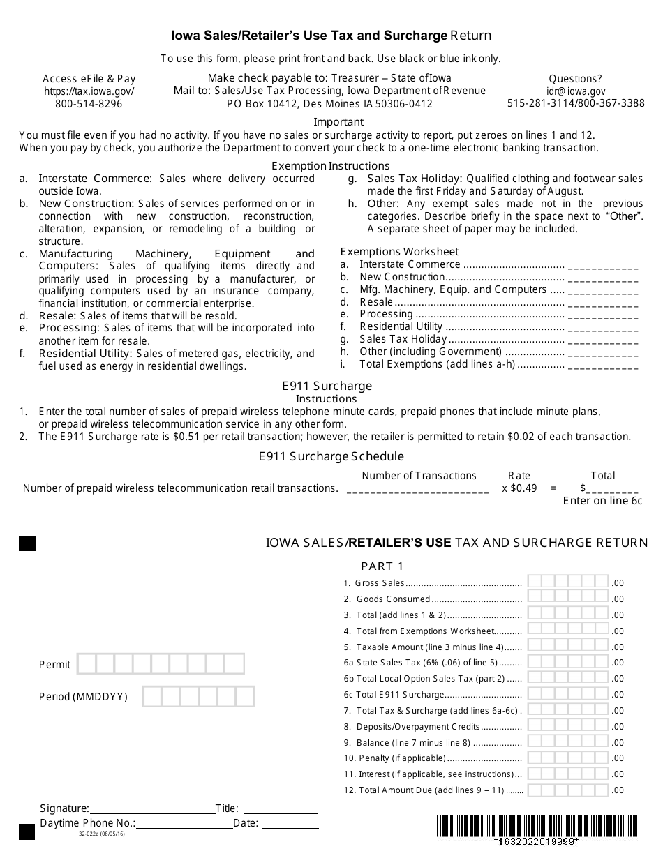 Form 32-022 Iowa Sales / Retailers Use Tax and Surcharge Return - Iowa, Page 1