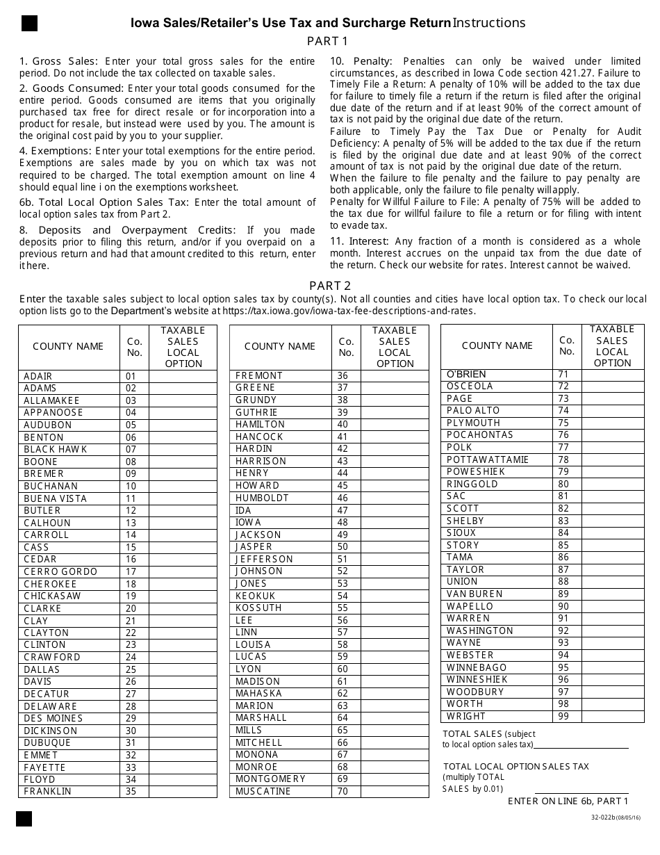 Form 32-022 Iowa Sales / Retailers Use Tax and Surcharge Return - Iowa, Page 2