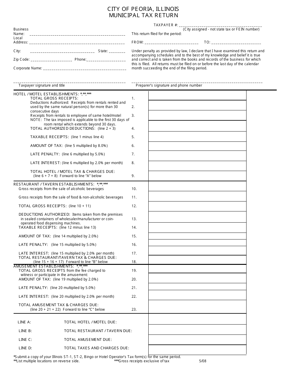 Municipal Tax Return Form - City of Peoria, Illinois, Page 1