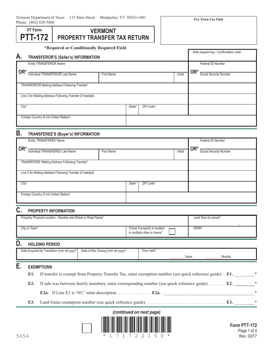 VT Form PTT-172 Vermont Property Transfer Tax Return - Vermont, Page 1
