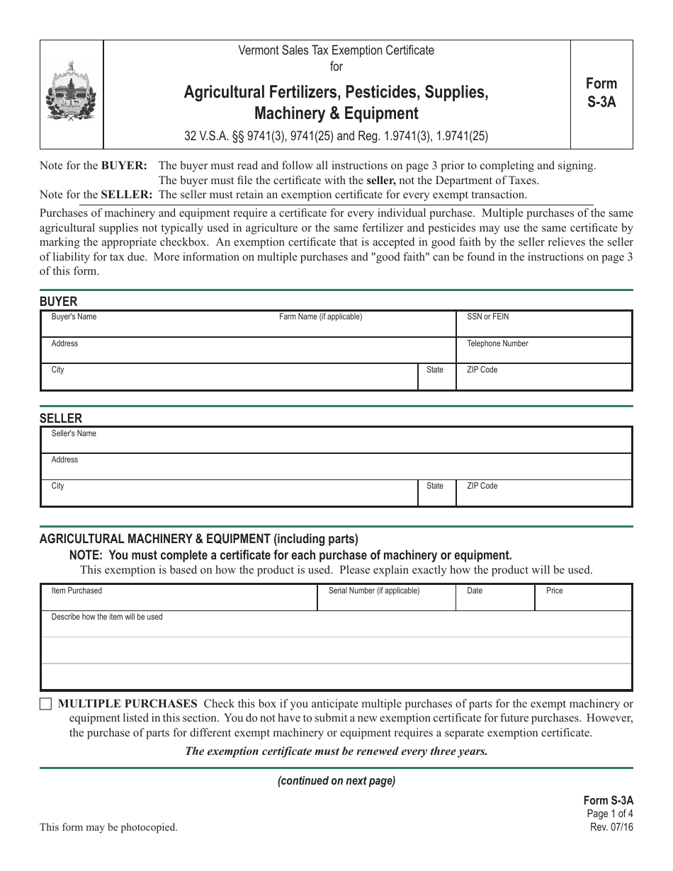 Form S-3A Vermont Sales Tax Exemption Certificate for Agricultural Fertilizers, Pesticides, Supplies, Machinery  Equipment - Vermont, Page 1