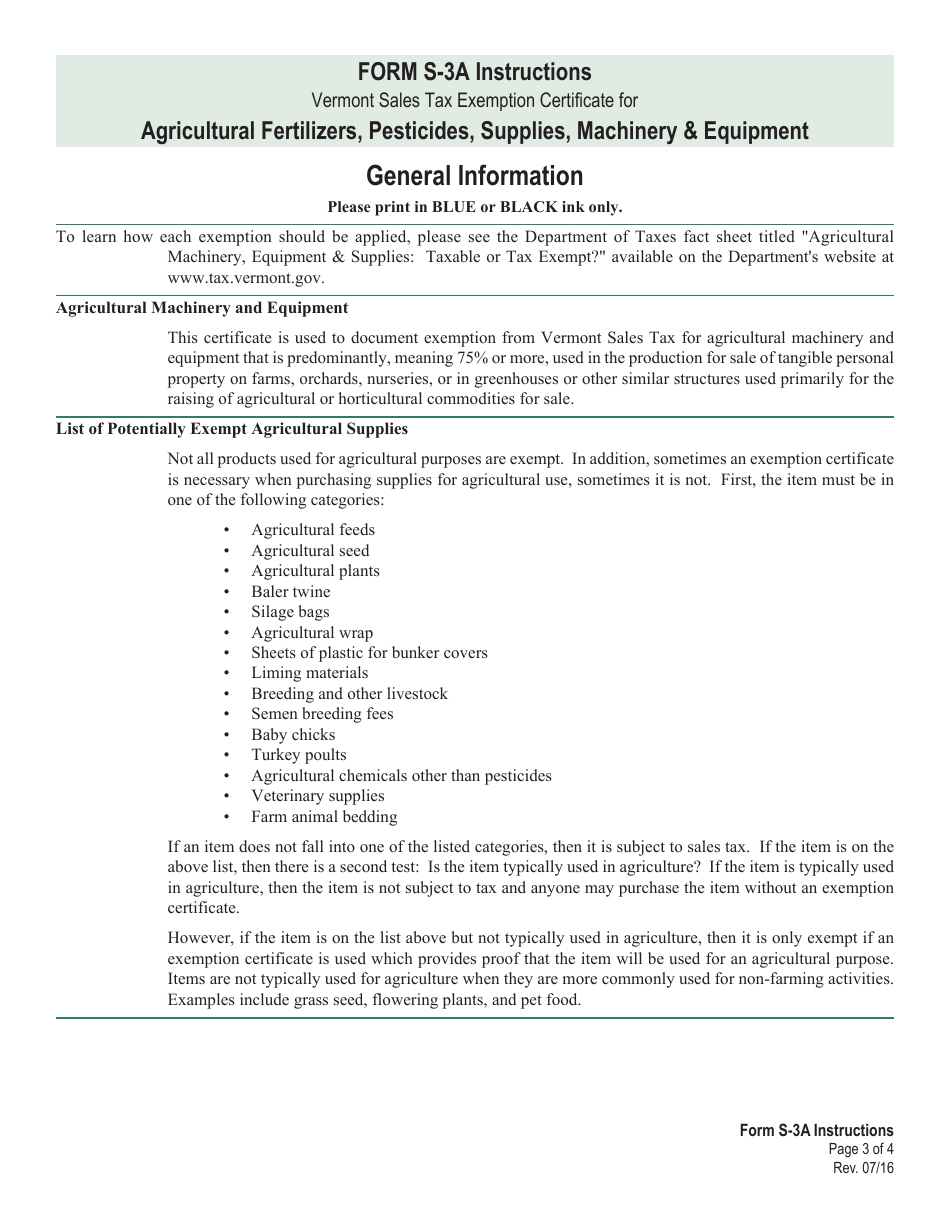 Form S-3A Vermont Sales Tax Exemption Certificate for Agricultural Fertilizers, Pesticides, Supplies, Machinery  Equipment - Vermont, Page 3