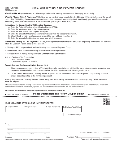 OTC Form WTH10004 Oklahoma Withholding Payment Coupon - Oklahoma