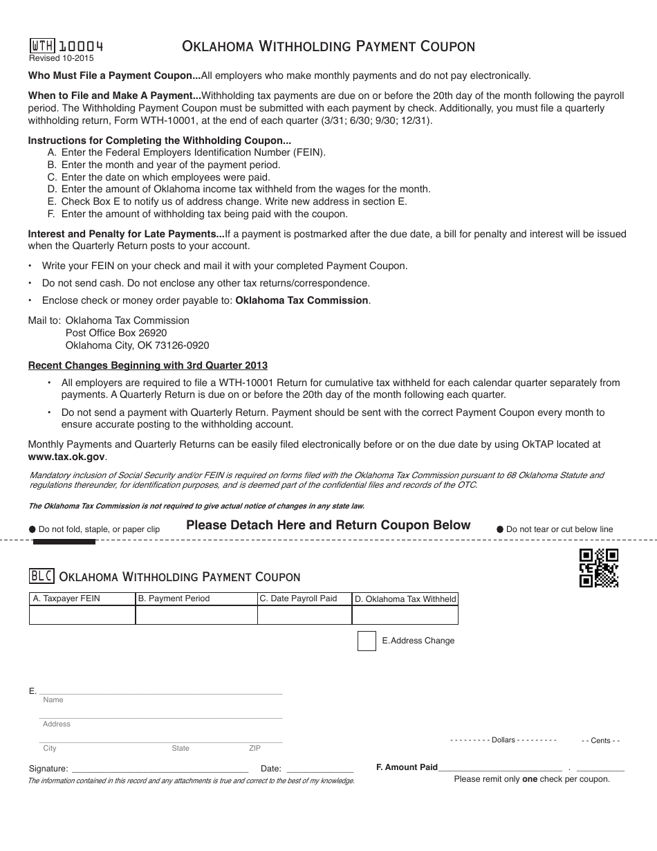 OTC Form WTH10004 Oklahoma Withholding Payment Coupon - Oklahoma, Page 1